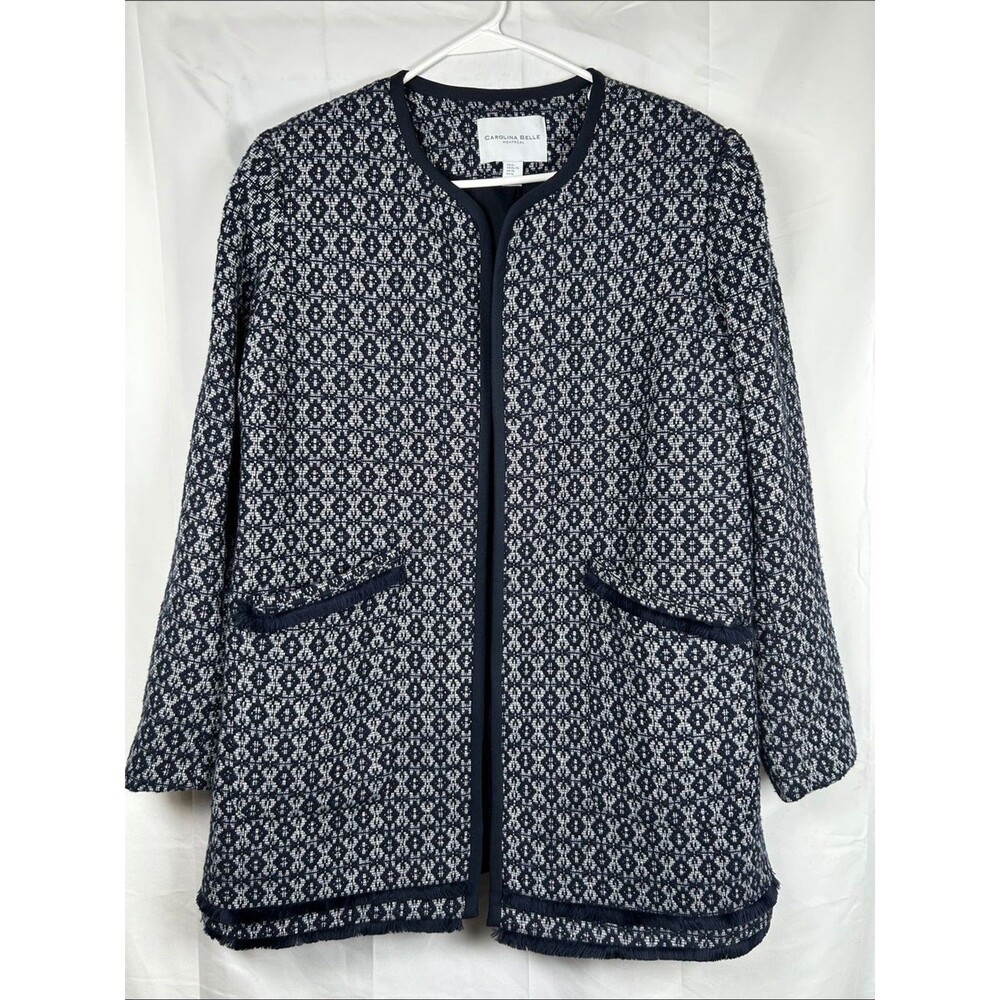 Carolina Belle Montreal Fringe Cardigan Jacket Women’s XL Blue White Sweater